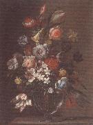 Still life of carnations,tulips,roses and daffodils,in a glass vase,upon a table-top unknow artist